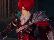 a video game character with red hair and black armor holds a sword