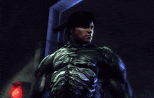 a video game character is standing in a dark room .