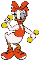 a cartoon of daisy duck holding dumbbells in her hands