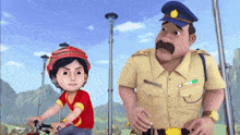 a police officer is talking to a boy on a bike .