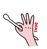 a cartoon drawing of a hand holding a cotton swab with dkms written below it