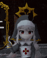 a cartoon character with a star on her head is standing in front of a sign that says " you "