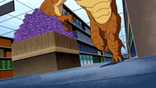 a cartoon of a dinosaur in a store with purple flowers