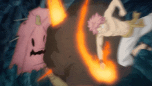 a cartoon of a man and a monster with flames