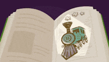 an open book with a train on the page number 13