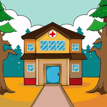 a cartoon illustration of a hospital with a red cross on the front