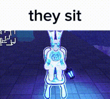 a video game character is sitting in a chair holding a lantern and says `` they sit '' .
