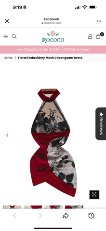 a phone screen shows a floral embroidery mesh cheongsam dress from irococo