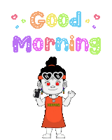a cartoon of a girl holding a cell phone with the words good morning below her