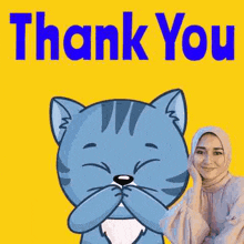 a cartoon cat is holding a heart in its mouth and a woman in a hijab is standing next to it .