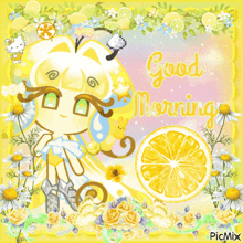 a picture of a girl with flowers and lemons and the words good morning