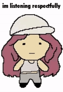 a pixel art drawing of a girl with pink hair wearing a white hat and a white shirt .