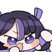 a close up of a cartoon character with purple hair and purple eyes .