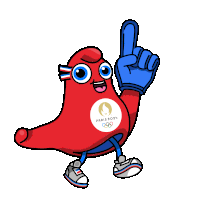 a mascot for the paris 2024 olympics has a blue glove on