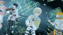 a group of anime characters are singing into microphones on a stage