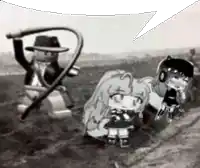 a black and white photo of a lego man whipping two girls .
