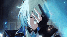 a blue haired anime character covering his face with his hands