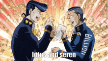 two men are shaking hands in front of a pile of money and the words lotus and seren are on the screen