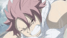 a close up of a cartoon character with pink hair and a white shirt