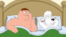 a cartoon of peter griffin and a sheep in a bed