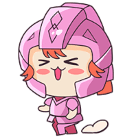 a cartoon character wearing a pink helmet and armor is making a funny face .