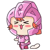 a cartoon character wearing a pink helmet and armor is making a funny face .