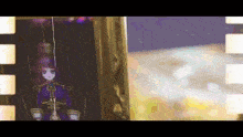 a drawing of a girl in a purple dress is on a film strip