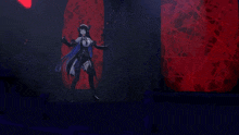 a video game character is dancing in front of a red and black wall