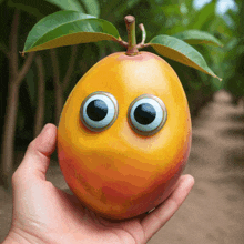 a person is holding a mango with big googly eyes