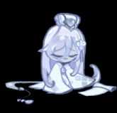 a cartoon character with white hair is sitting on the ground with her eyes closed