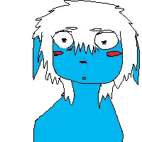 a pixel art drawing of a blue monster with white hair and red cheeks