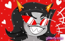 a cartoon drawing of a girl with horns and red glasses with the website glitterfy.com in the bottom right corner