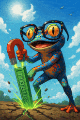 a colorful frog with glasses is holding a magnet and a green block that says tibbir