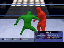 a video game shows a green and red wrestler fighting each other