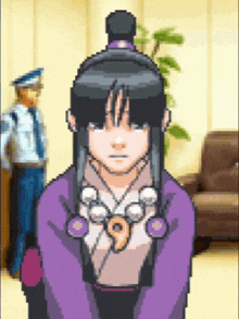 a pixel art drawing of a girl with a purple kimono and a 9 on her chest