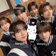 a group of young men posing for a picture with the names dohoon jihoon youngjae isa hanjin and shinyu on the bottom