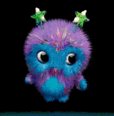 a purple and blue stuffed animal with a donut in its mouth