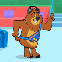 a cartoon bear wearing headphones and a fanny pack giving a thumbs up