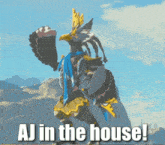 a picture of a bird with the words aj in the house below it
