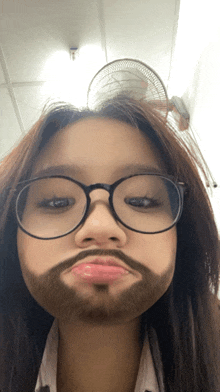 a girl with glasses and a fake beard