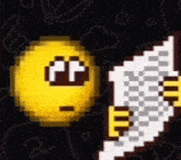a pixel art illustration of a smiley face holding a piece of paper .