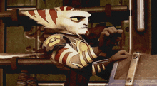 a cartoon character has the letter g on his shoulder