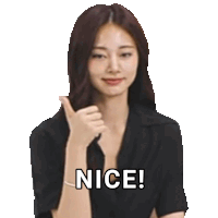 a woman in a black shirt is giving a thumbs up and the words nice are below her