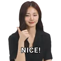 a woman in a black shirt is giving a thumbs up and the words nice are below her