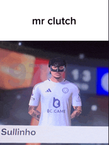 a man wearing a mask and a bc game jersey is named sullinho