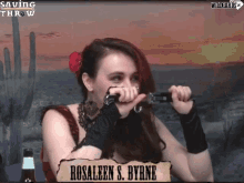 a woman holding a knife with the name rosaleen s. byrne on the bottom