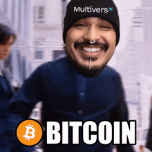 a man with a beard wearing a hat that says " multivers " on it