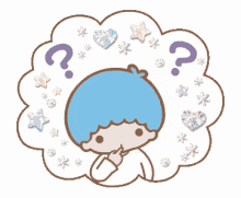 a little twin stars character is thinking with a question mark above him
