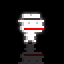 a pixel art illustration of a man in a hat standing in the dark .