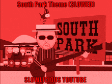 a cartoon of a man holding a guitar in front of a sign that says south park